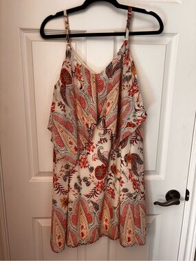 Luxology white Paisley Mini Dress with Red & Orange Accents